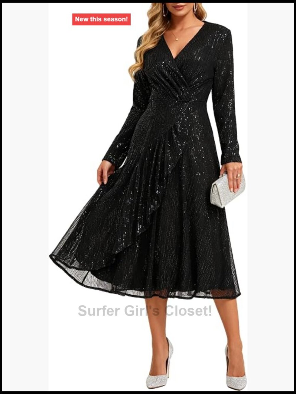 Women's Sequin Cocktail Wrap Dress V Neck Long Sleeve Ruffle Back Zipper